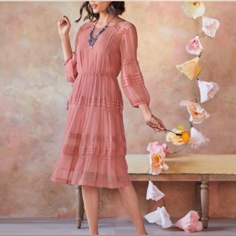 Sundance Catalog 3/4 Sleeve Rosalie Tucked & Tiered in 100% Silk Crepe Coral ZB4